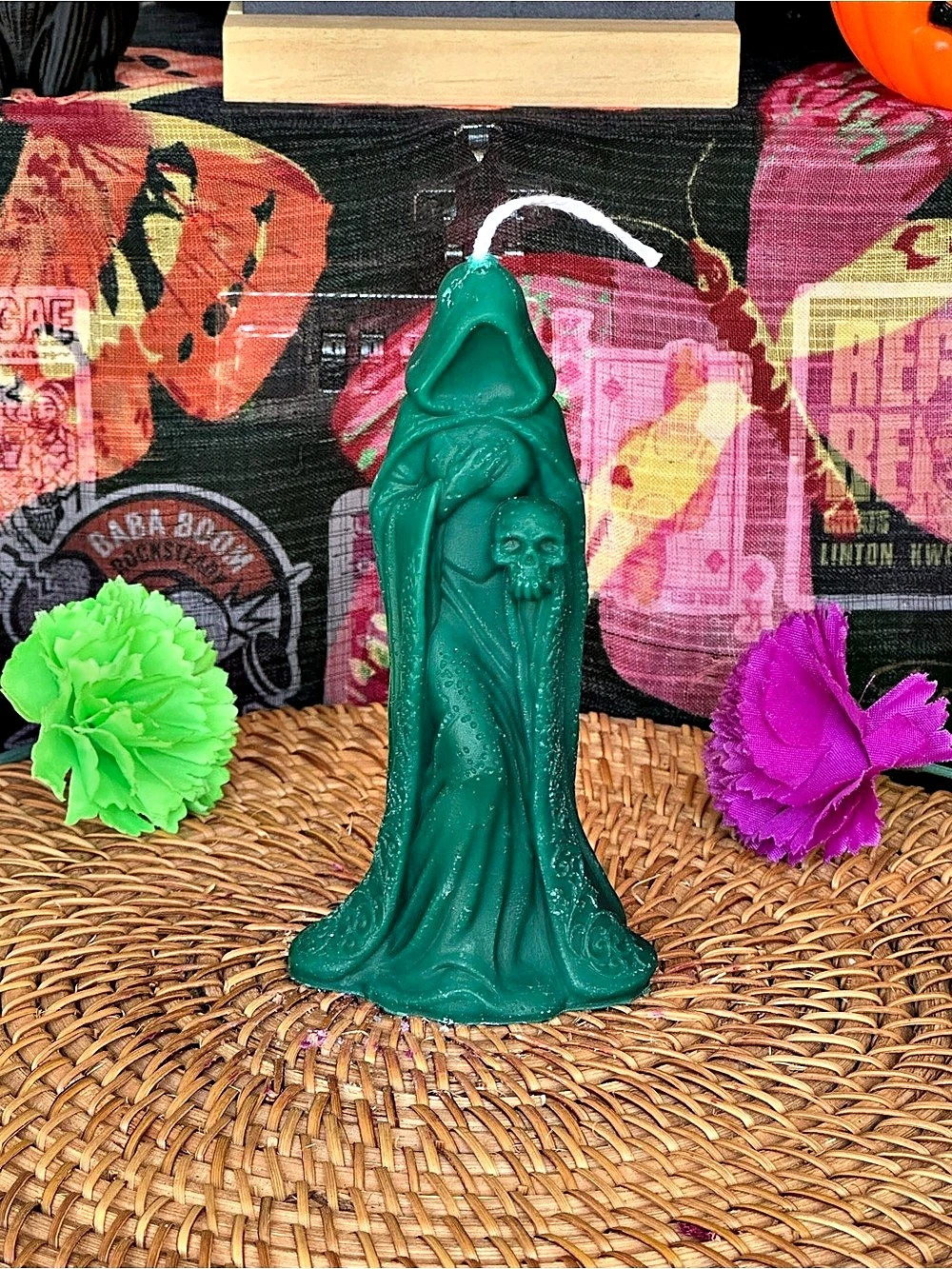 Hooded Reaper Candle – Green Skull & Cloaked Figure